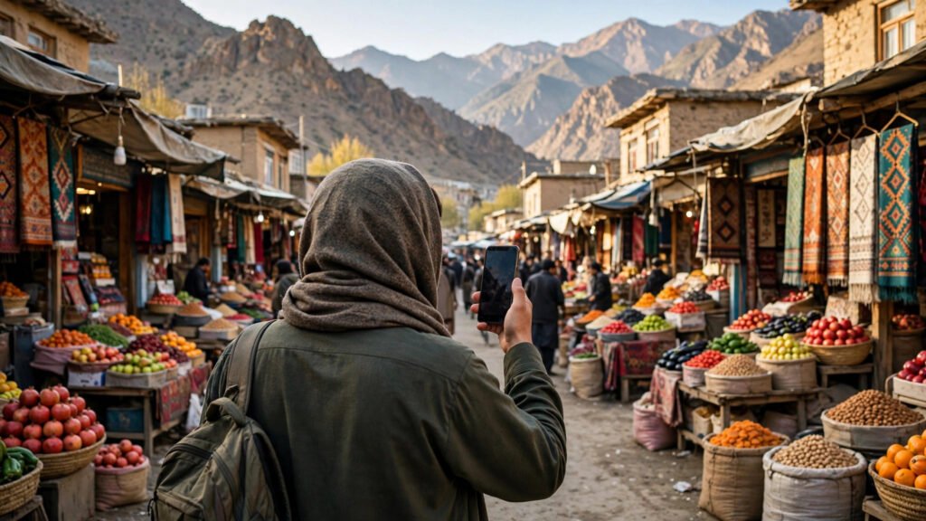 Person holding a phone at a market in an Afghan mountain town.