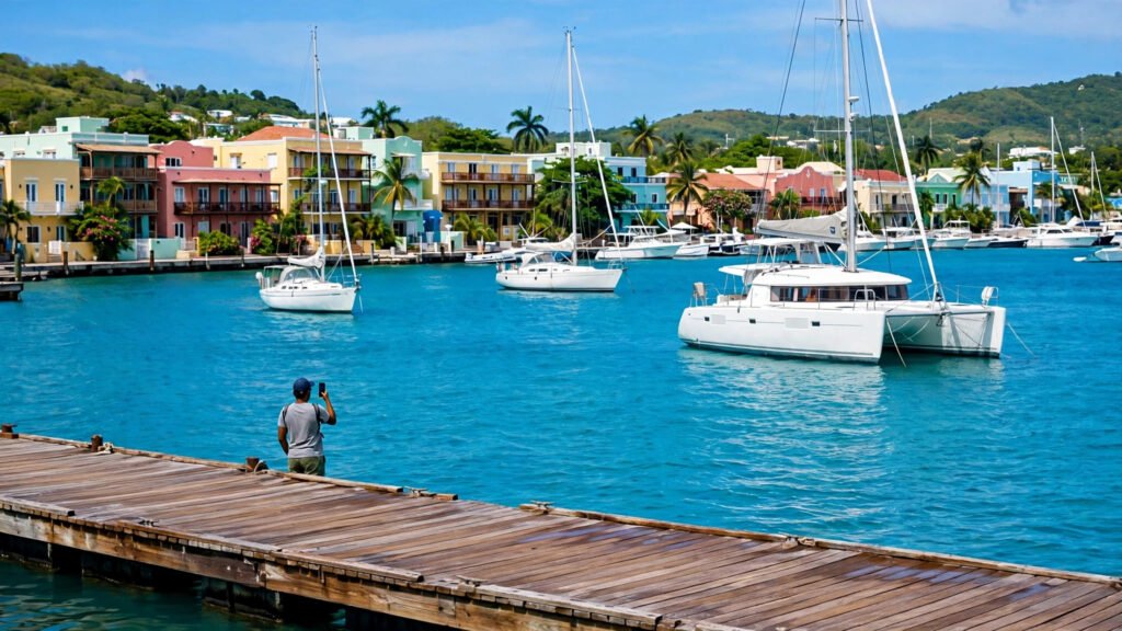 Sailboats anchored in a turquoise Antiguan harbour with a person on a dock holding a phone.
