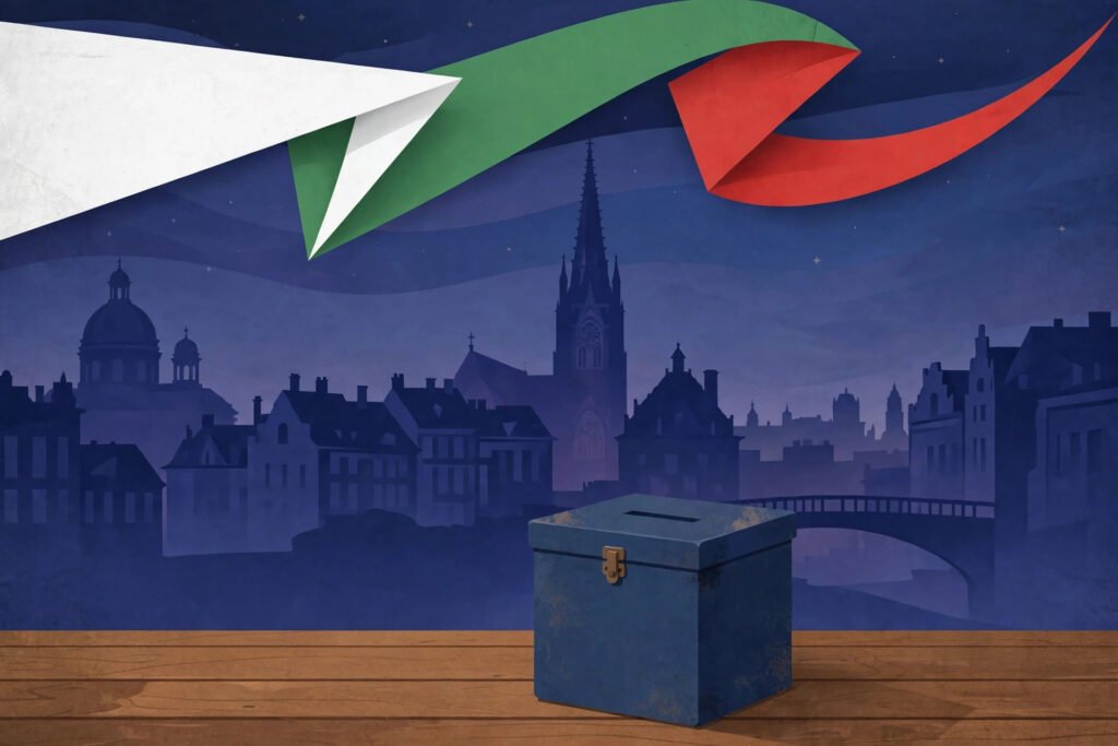 Ballot box in front of a stylised European city skyline with white, green and red abstract shapes