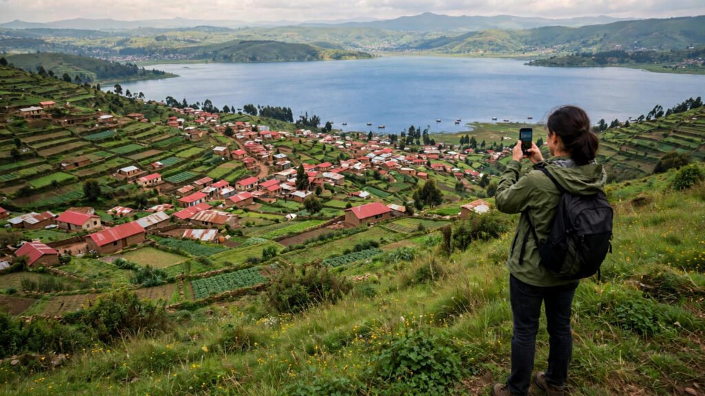 Person holding a phone overlooking a Burundian hillside town and lake