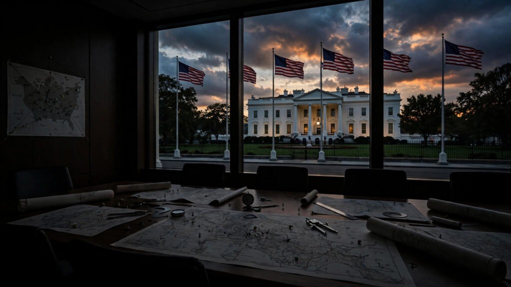 White House at dusk seen from a briefing room with maps on the table