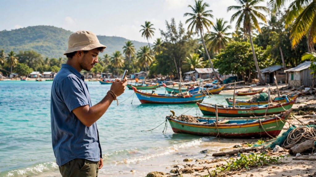 Comorian man checking his phone on a tropical island shore with fishing boats