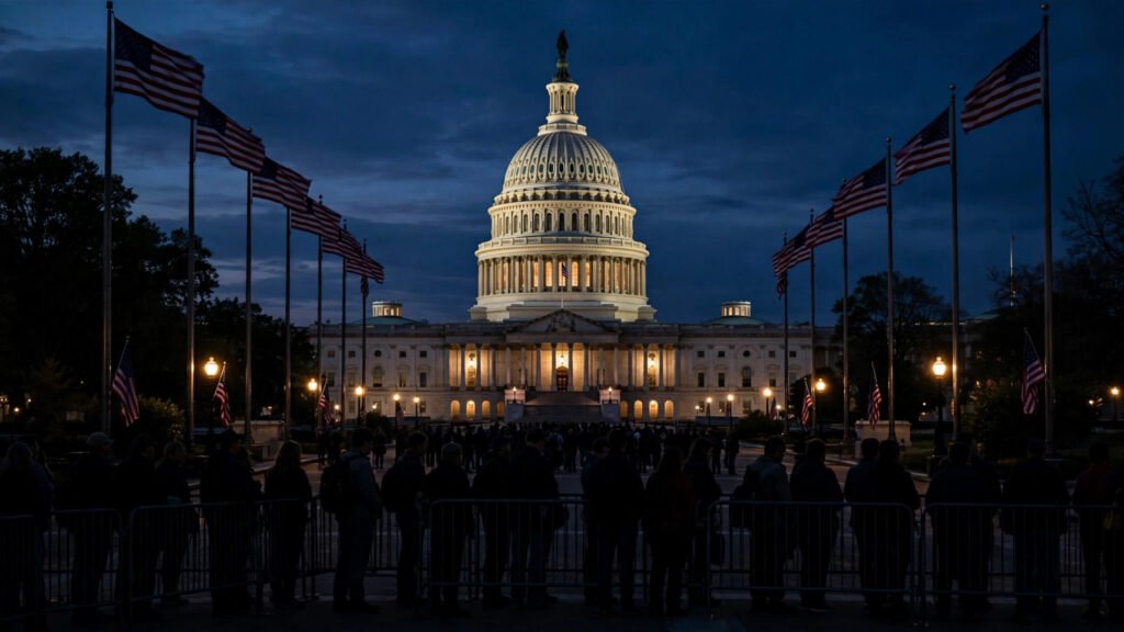 The United States Capitol at dusk with American flags and a crowd in silhouette