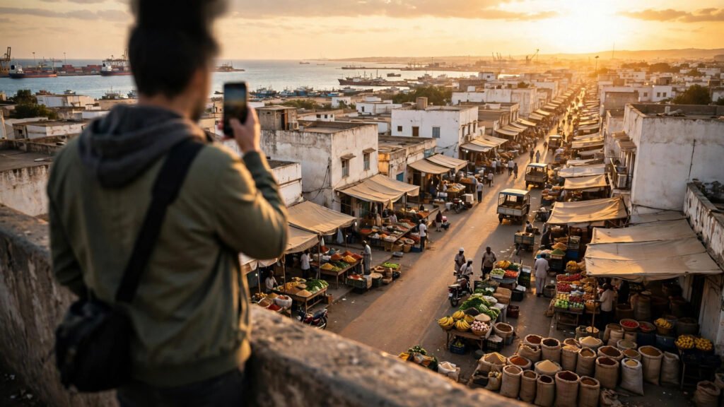 Person holding a phone overlooking a port-city market in Djibouti at sunset
