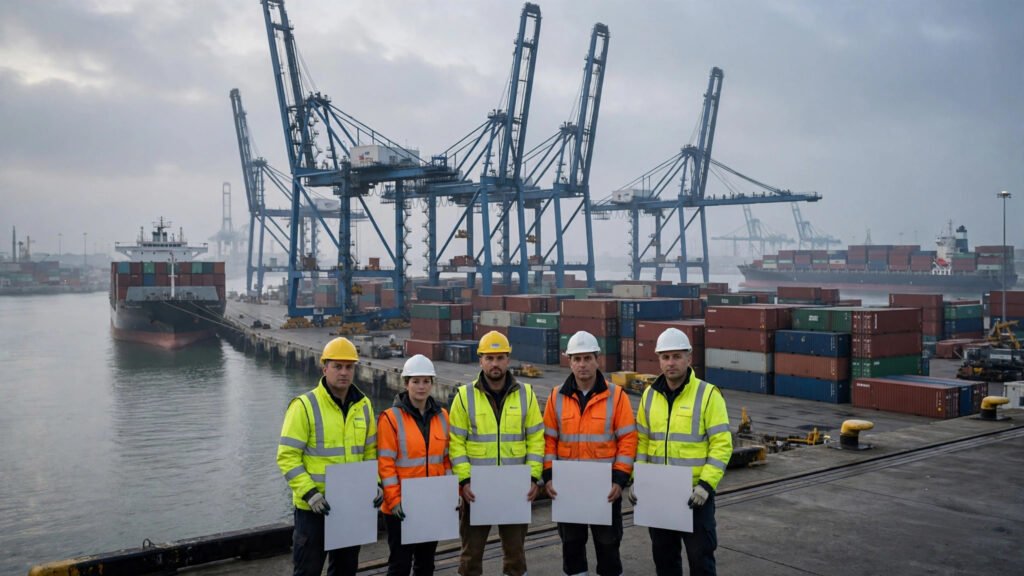 Dockworkers in high-visibility vests and hard hats standing on a container port quayside with cranes and cargo ships behind them
