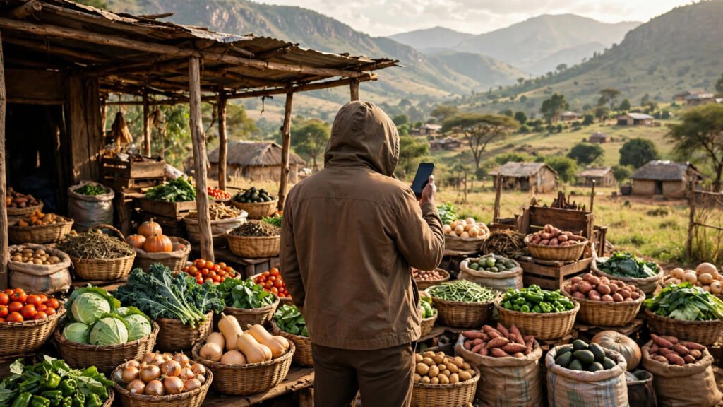 Person with a smartphone at a market stall in the mountains of Eswatini