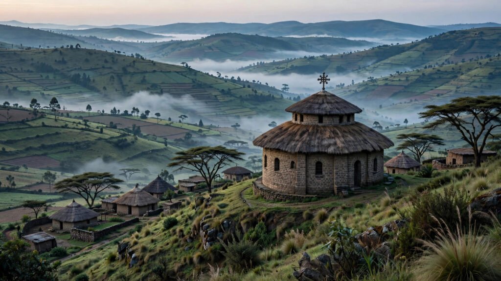 Ethiopian Orthodox church in the highlands at dawn