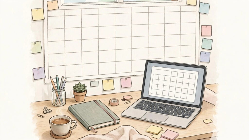 How to use AI to create a content calendar — desk with calendar, laptop and planning notes