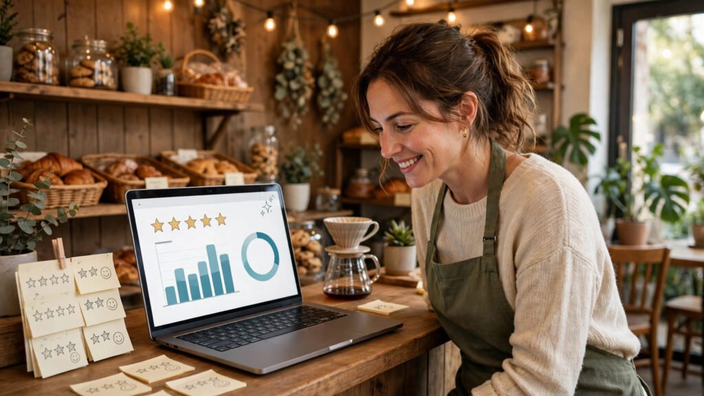 Small business owner using AI for customer feedback on a laptop