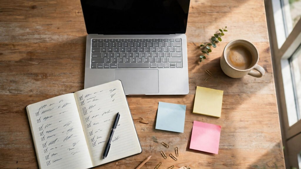 Laptop and notebook with a meeting checklist, sticky notes, and coffee on a wooden desk for using AI for meeting notes