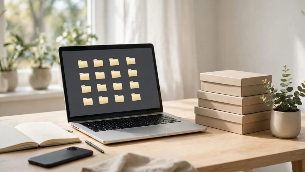 How to use AI to organize digital files on a tidy laptop workspace