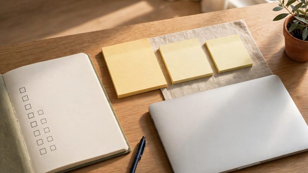 How to break a big project into small steps: checklist notebook and sticky notes on a desk