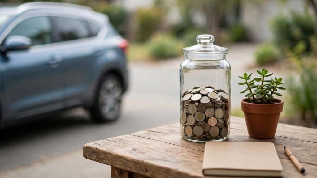 How to save for a car down payment with a savings jar, notebook and car