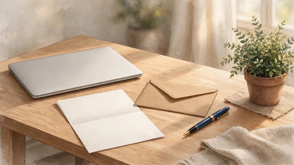 Desk with a laptop, letter, envelope and pen for writing a complaint letter with AI