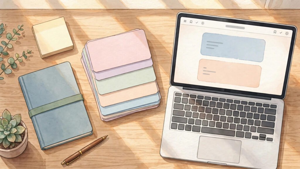 How to create flashcards with AI on a laptop beside pastel study cards