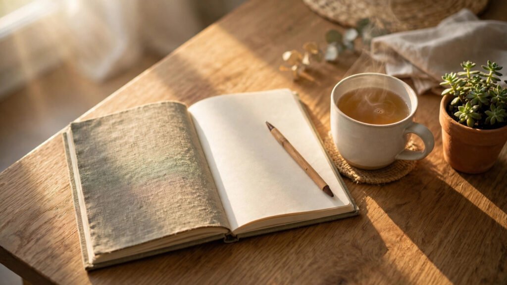 Open journal and pen with a cup of tea for a daily journaling habit