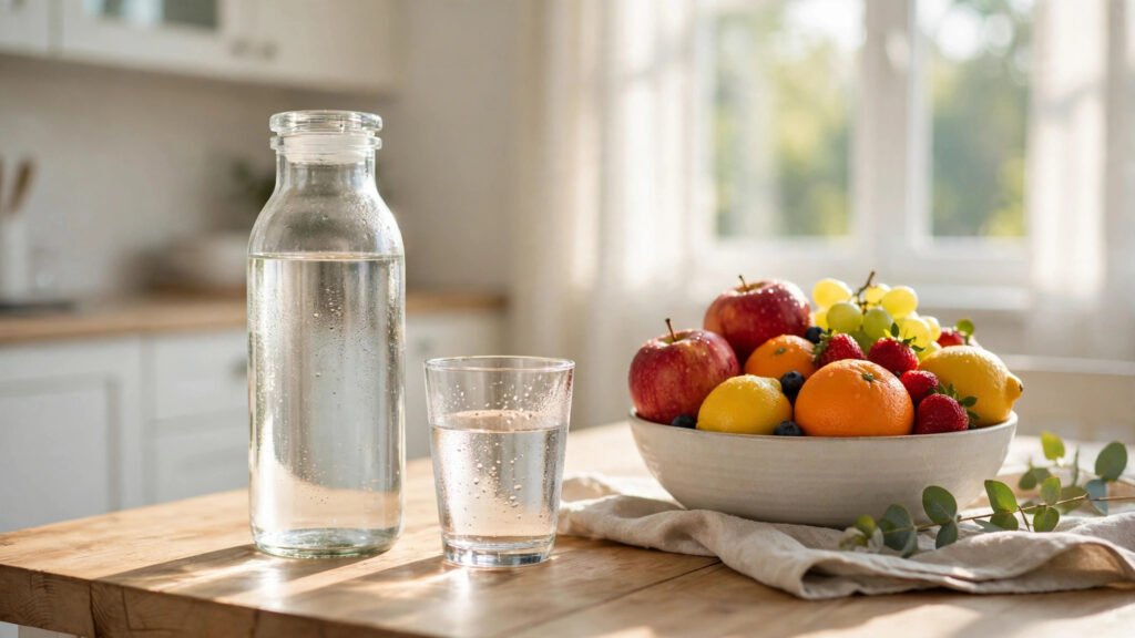 How to drink more water every day with a water bottle and glass on a table