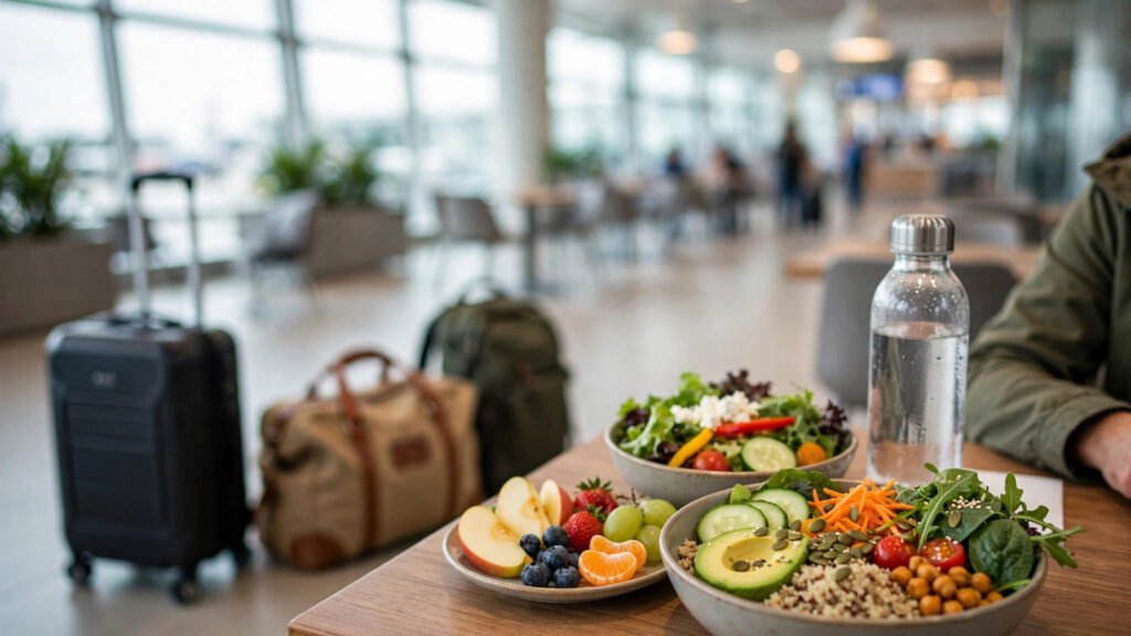 How to eat healthy while traveling with a balanced meal and fresh fruit at a travel stop