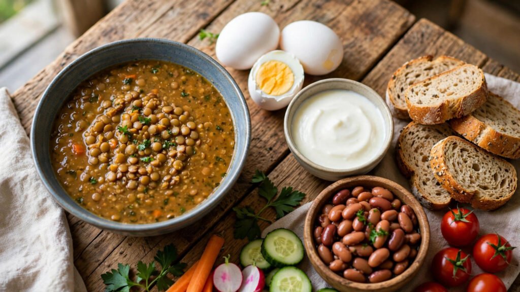 How to eat more protein on a budget: lentil soup, eggs, yoghurt and beans