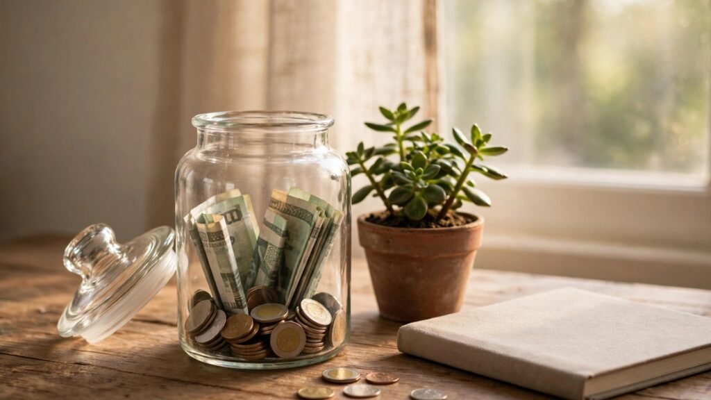Glass savings jar with banknotes and coins for starting a small emergency fund