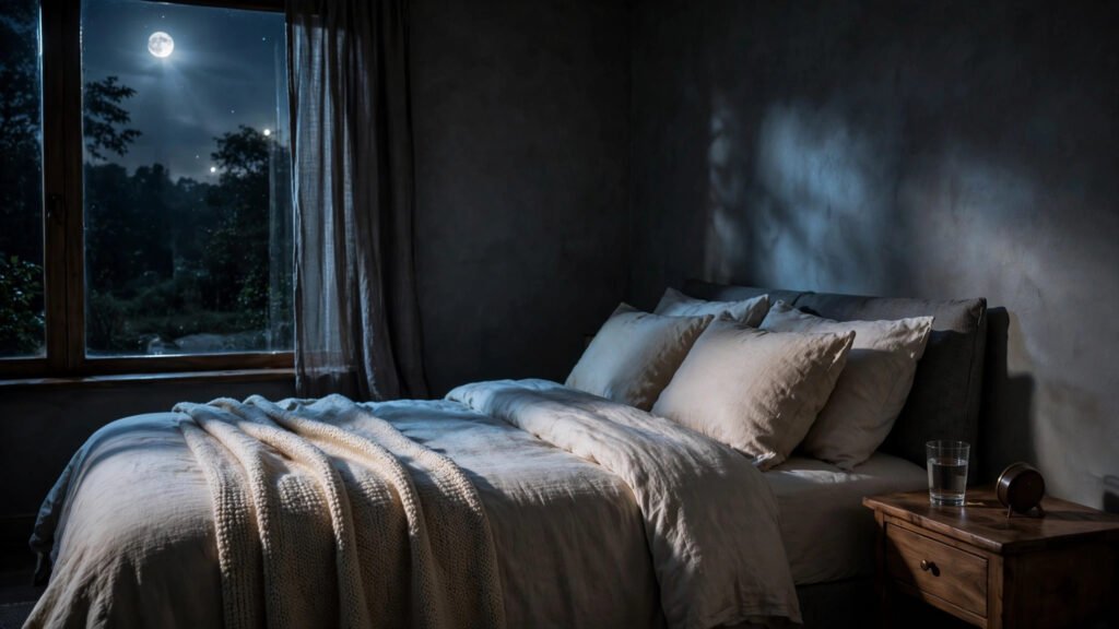 Calm dark bedroom at night with moonlight, bed and glass of water — tips to fall back asleep after waking up