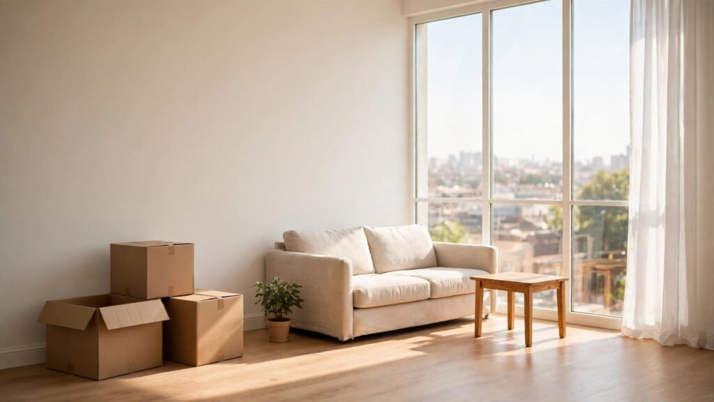 First apartment budget planning: bright living room with moving boxes and a sofa by a large window