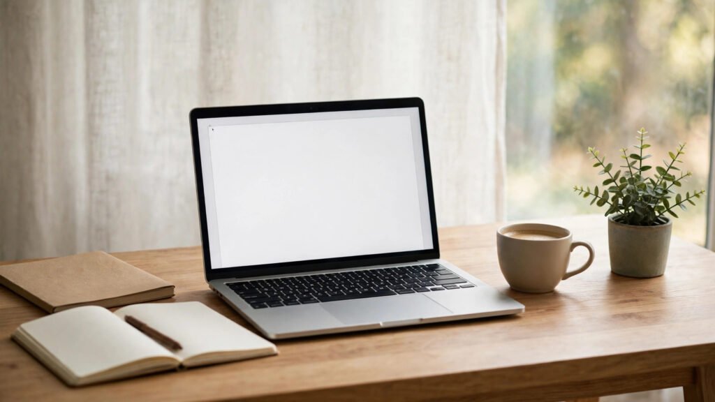 Freelancer writing a proposal with AI on a laptop at a home workspace