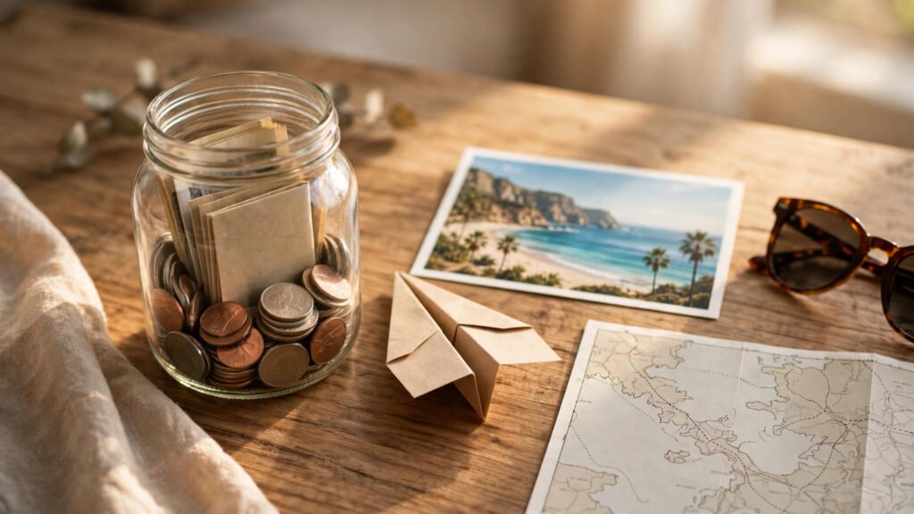 How to save for a holiday without a strict budget — savings jar with travel postcard and map
