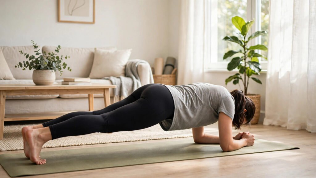 Home core workout for beginners doing a plank at home