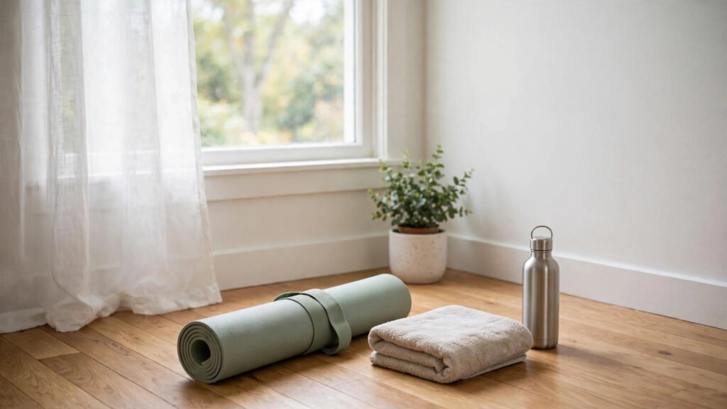 Home workout without equipment setup with yoga mat towel and water bottle in a bright living room