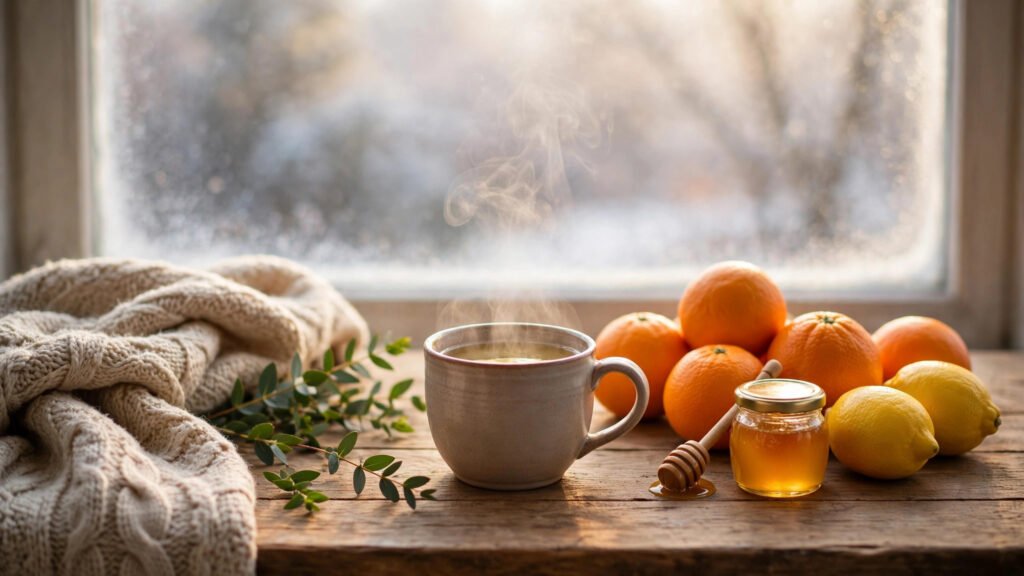 How to support your immune system in winter — herbal tea, citrus fruits, honey and a warm blanket