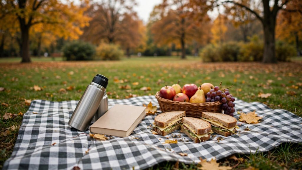 Low-cost weekend picnic in a park with sandwiches, fruit and a thermos
