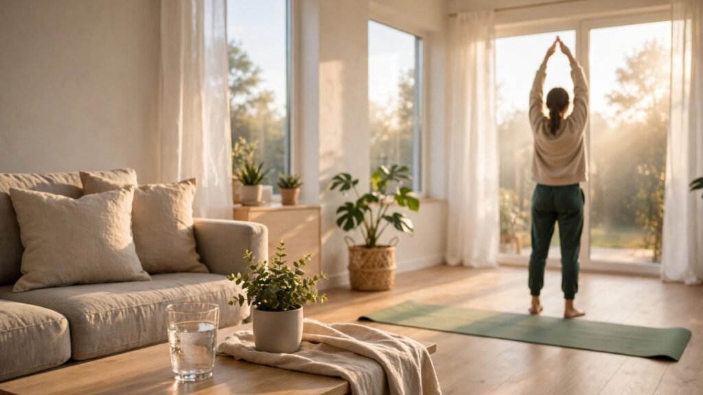 Woman doing a gentle morning stretch routine in a bright living room