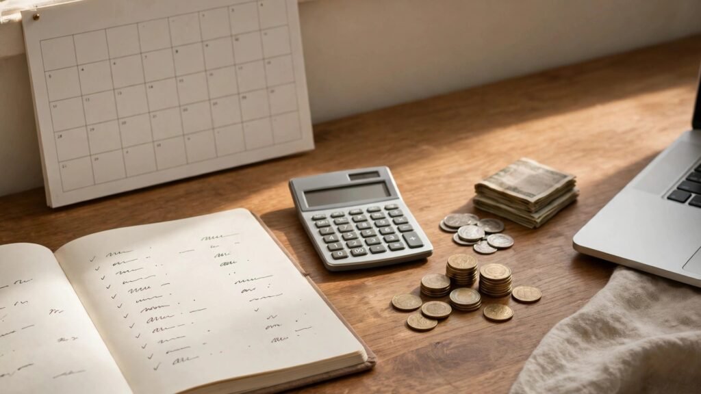 How to budget on payday with a notebook, calculator, calendar and coins on a desk