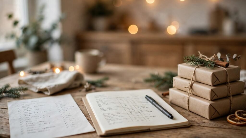 Planning holiday spending without debt with a gift list and budget notebook