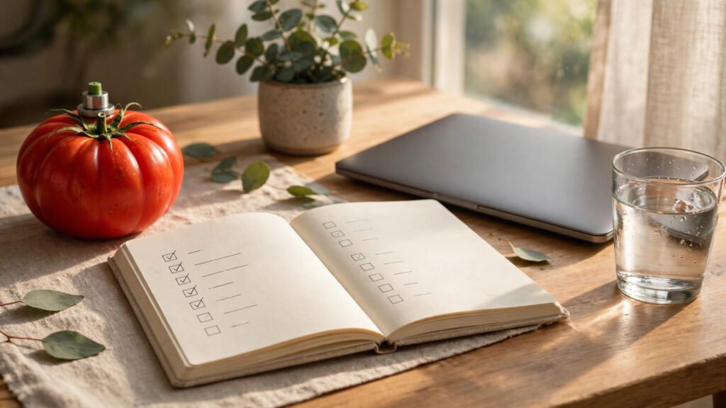 Tomato timer, notebook checklist and laptop on a tidy desk showing the pomodoro technique for focused work