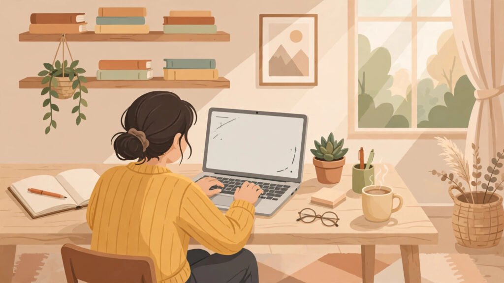 Person writing a professional bio with AI on a laptop at a tidy desk