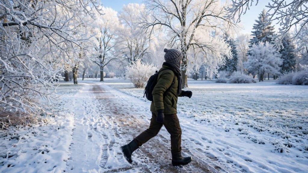 How to stay active in winter — person walking on a snowy park path