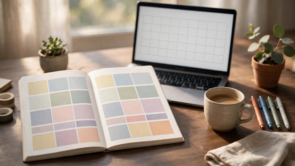 Time blocking planner with colored daily schedule blocks beside a laptop calendar