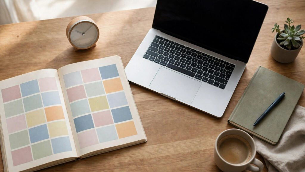 Time blocking to plan your workday — planner with coloured time blocks beside a laptop and clock