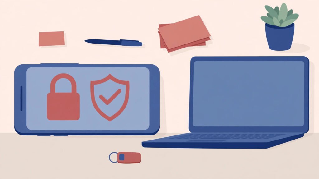 Two-factor authentication setup on a phone and laptop with lock and shield symbols