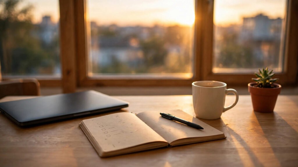 Workday shutdown routine: tidy desk with closed laptop, notebook, mug and plant in evening light