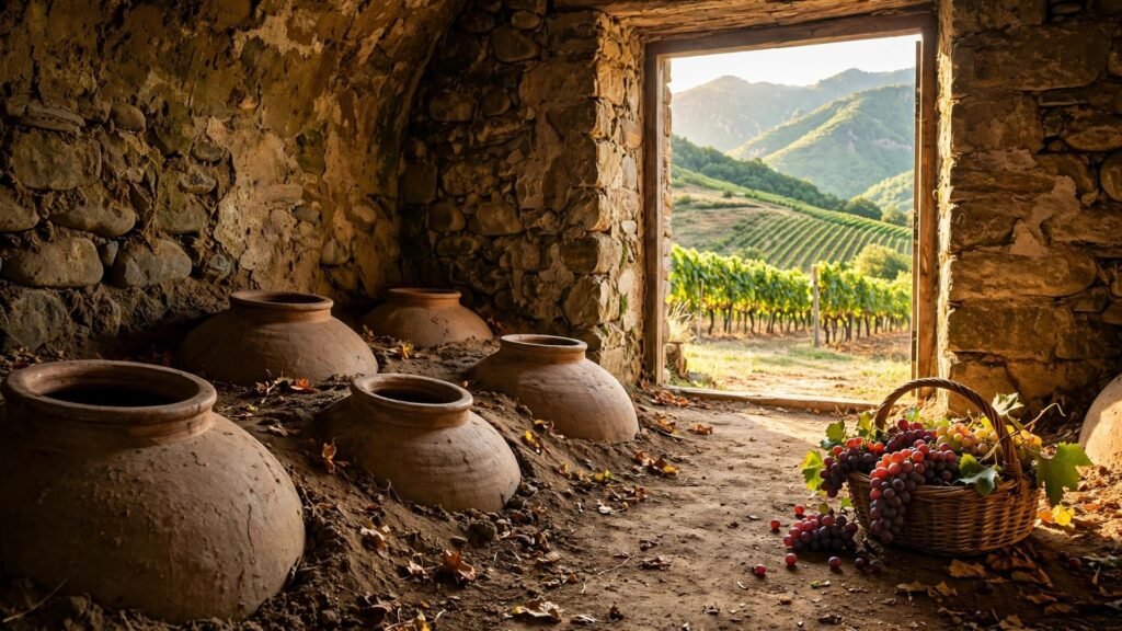 Buried clay qvevri pots in a Georgian wine cellar with a vineyard and mountains beyond the doorway.
