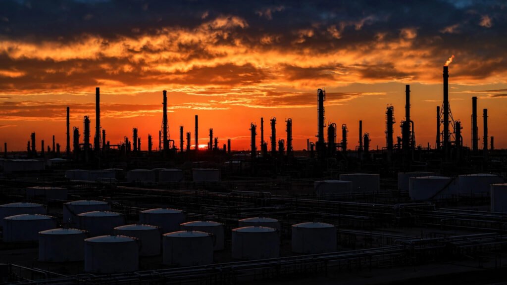 Oil refinery towers and storage tanks silhouetted against an orange sunset sky