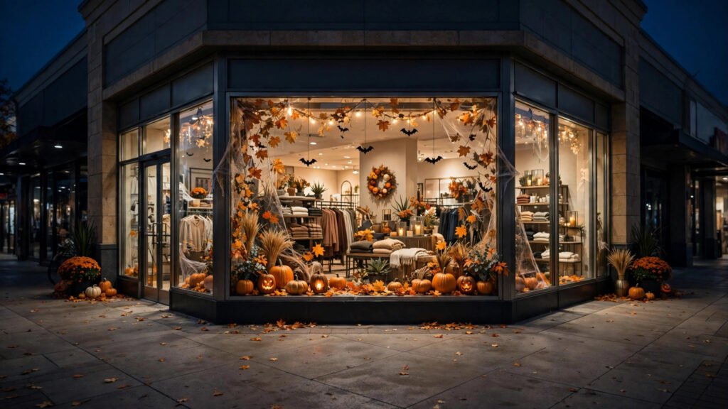 Halloween-decorated storefront at night in a shopping mall