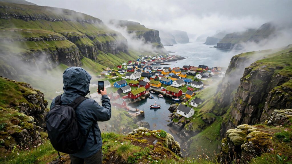 Person holding a phone above a Faroe Islands coastal village with colourful houses, cliffs and fishing boats.