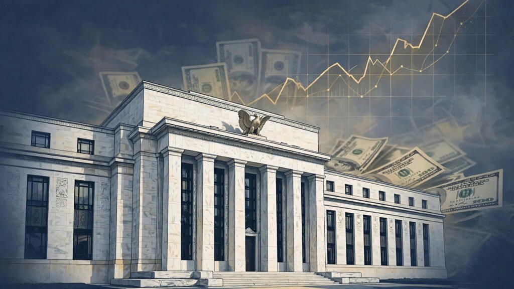 Federal Reserve building with US dollar banknotes and a rising chart