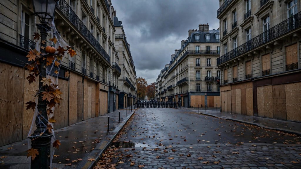 Police officers standing guard on a Paris street with boarded-up shopfronts at dusk.