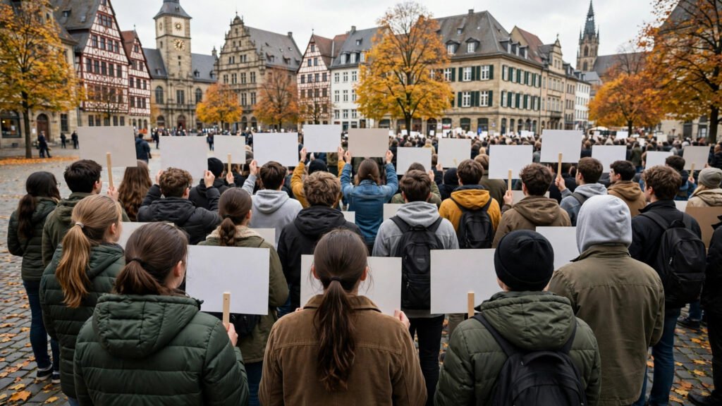 Young protesters holding blank placards in a German city square in autumn