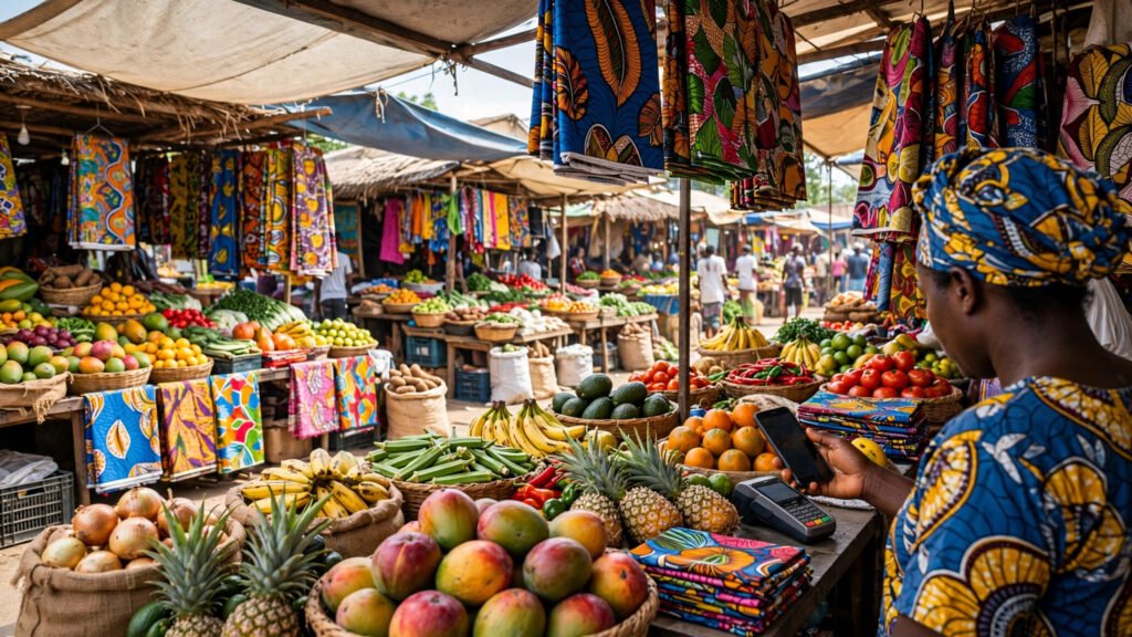 A market trader in Ghana holding a mobile phone to pay at a colourful market stall.